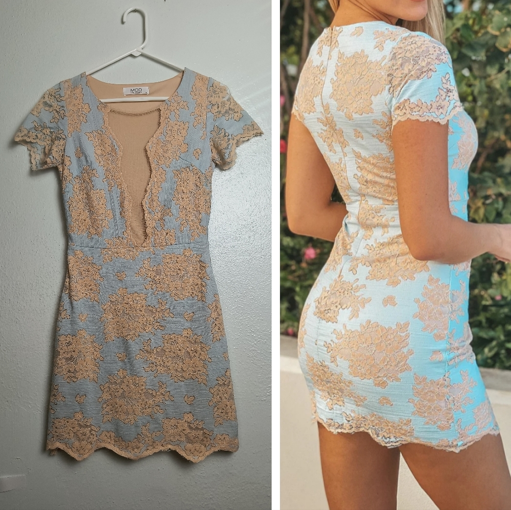 MOD On Trend Size S Lace Mini Bodycon Dress Light Blue And Beige Casual